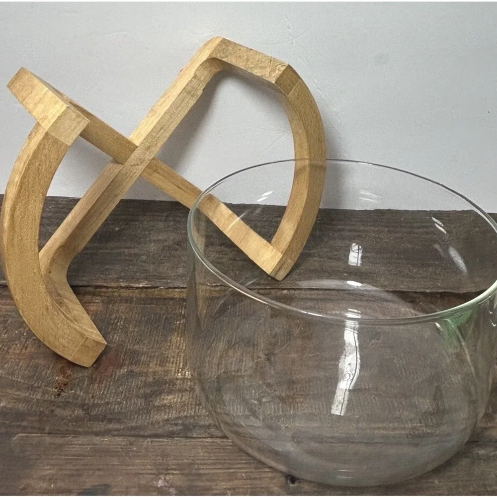 Glass Serving Bowl Sculptural Light Wood Cross Base Stand Centerpiece Modern